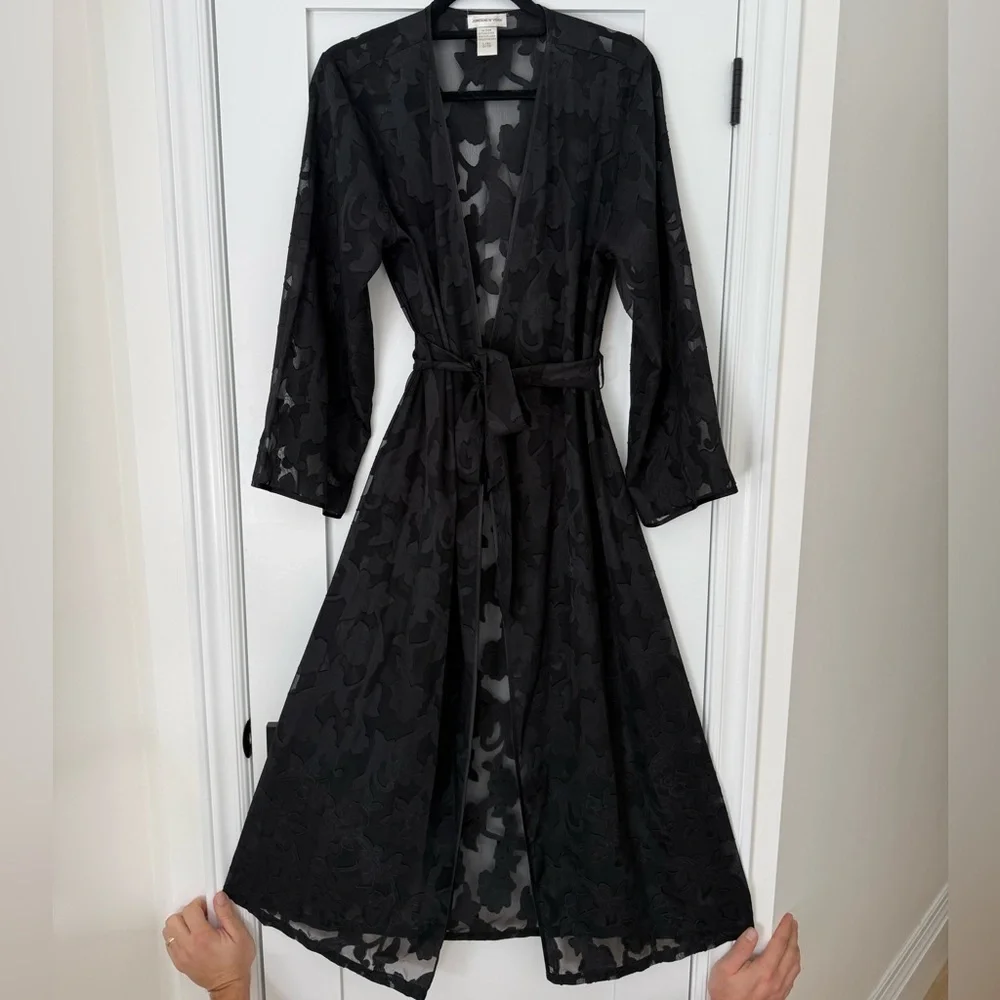 Vintage Black Lace Robe ✨ Sheer Romantic Duster L/XL Tie Waist - Picture 4 of 7